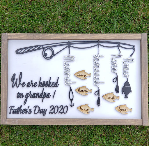 20"x12" Father Day Fishing Pole Custom Sign. White base - Black letters and pole - 4 names + Fish - Semper-KIK