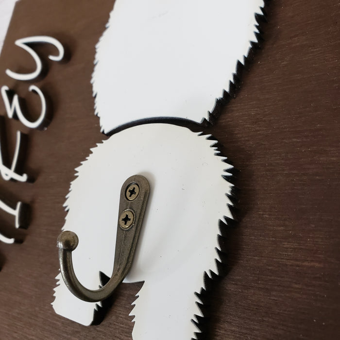 Personalized Dog Leash Holder For Wall - Dark Walnut base | White Dog and Name - Semper-KIK