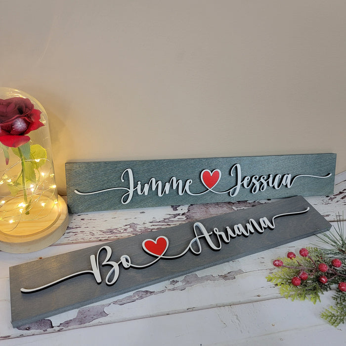 Couples name wooden sign 19"x3" with Red Heart - Free Shipping - Semper-KIK