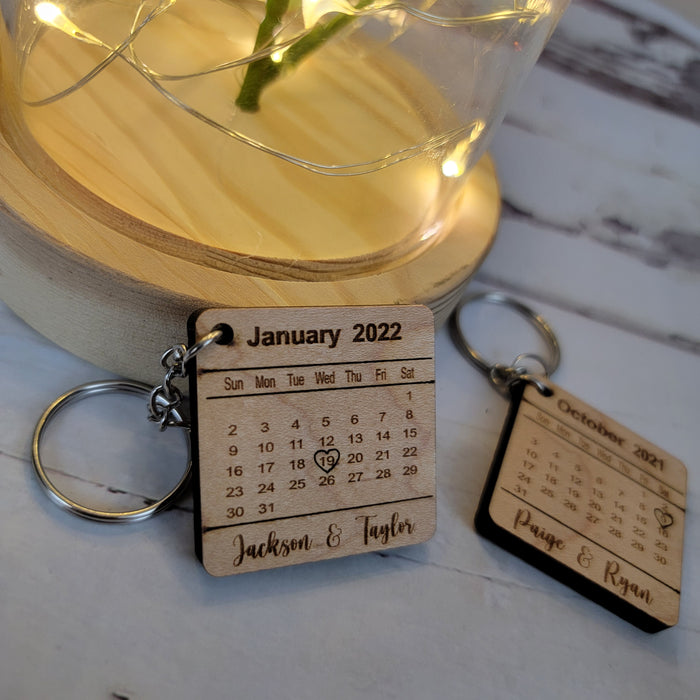 Engraved Calendar Wooden Keychain with Names & Date - Semper-KIK