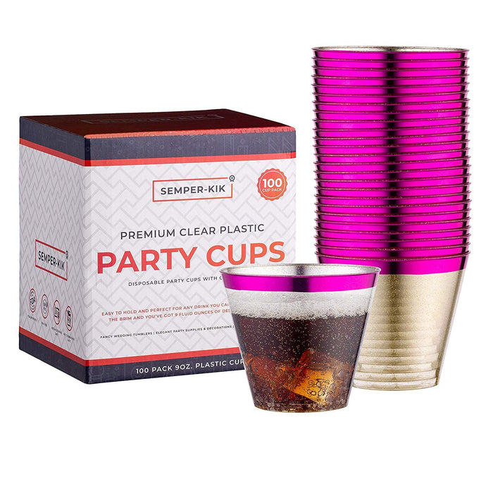 Semper-KIK Purple Disposable Cups. 9 oz Glitter Plastic Cups (Set of 100) with Shiny Purple Trim - Purple Party Supplies for Wedding Cups, Under the Sea, Mermaid Decorations, Baby Shower - Semper-KIK