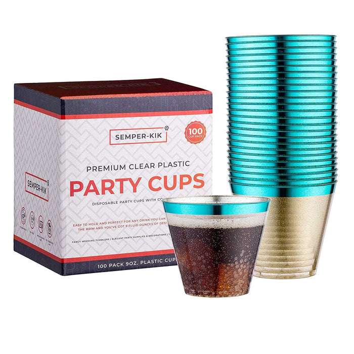 Totally Teal Disposable Cups. 9 oz Glitter Plastic Cups (Set of 100) with Shiny Turquoise Trim - Tiffany Blue and Teal Party Supplies for Wedding Cups, Under the Sea, Mermaid Decorations, Baby Shower - Semper-KIK