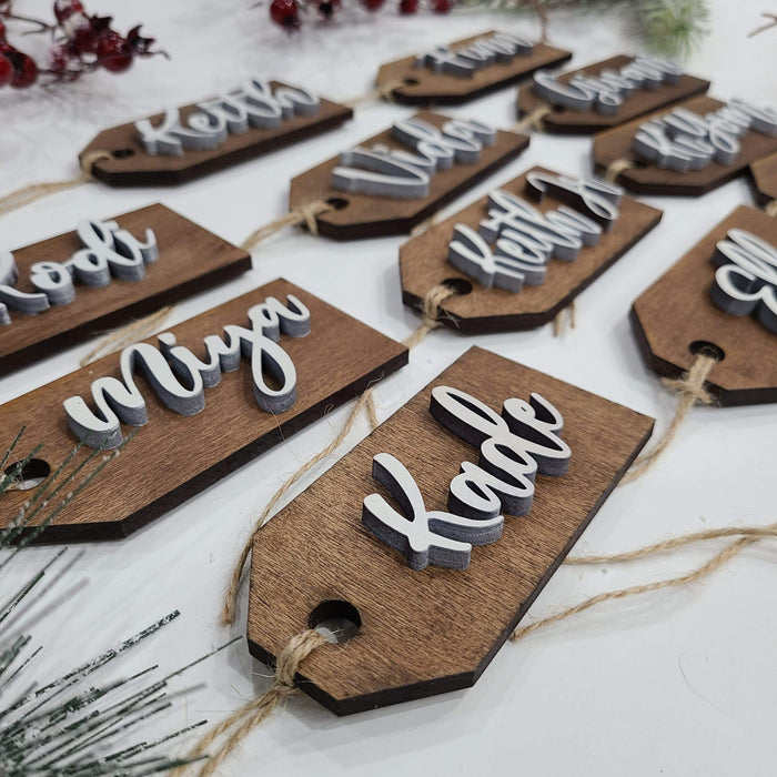 Custom Laser Cut Wood Christmas Stocking Tags - Walnut stained base Wh —  Semper-KIK