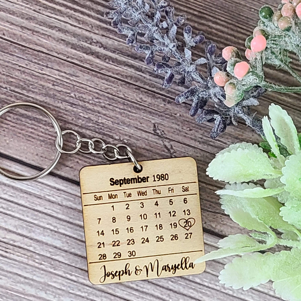 Engraved Calendar Wooden Keychain with Names & Date