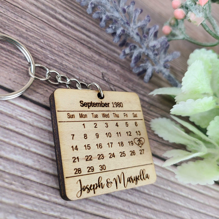 Engraved Calendar Wooden Keychain with Names & Date - Semper-KIK